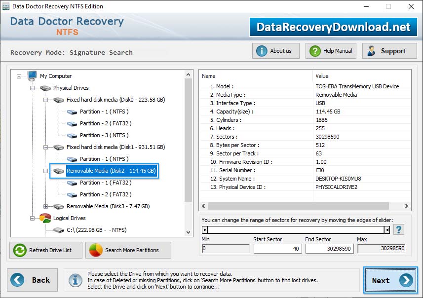 Select partition panel